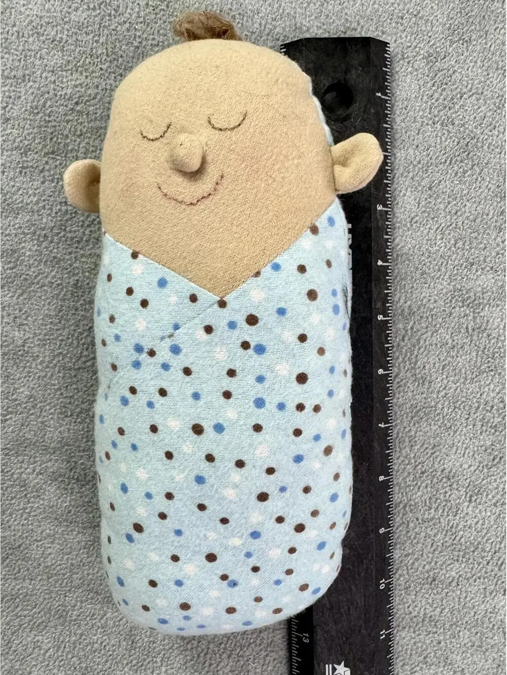 vintage soft cloth baby doll plush sleepy face‎ polka dot blue nursery toy